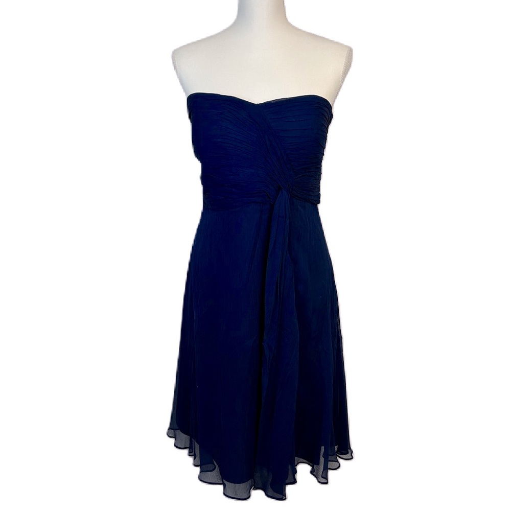 Donna Morgan Formal Silk Midi Dress Sz 14 Sleeveless Zip Prom Party Ruched Swing